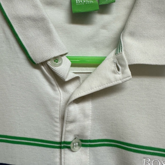 Boss White and Green Polo Shirt with Stripes - Picture 5 of 7
